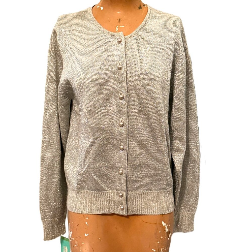 NWT Cardigan Sweater Womens Small Metallic Silver Gray Pearl Btn Christmas Wool